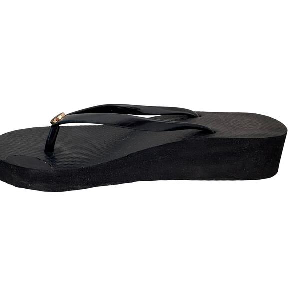 Tory Burch Black Platform Wedge Sandals w/ Gold Logo 8.5 - Picture 4 of 7